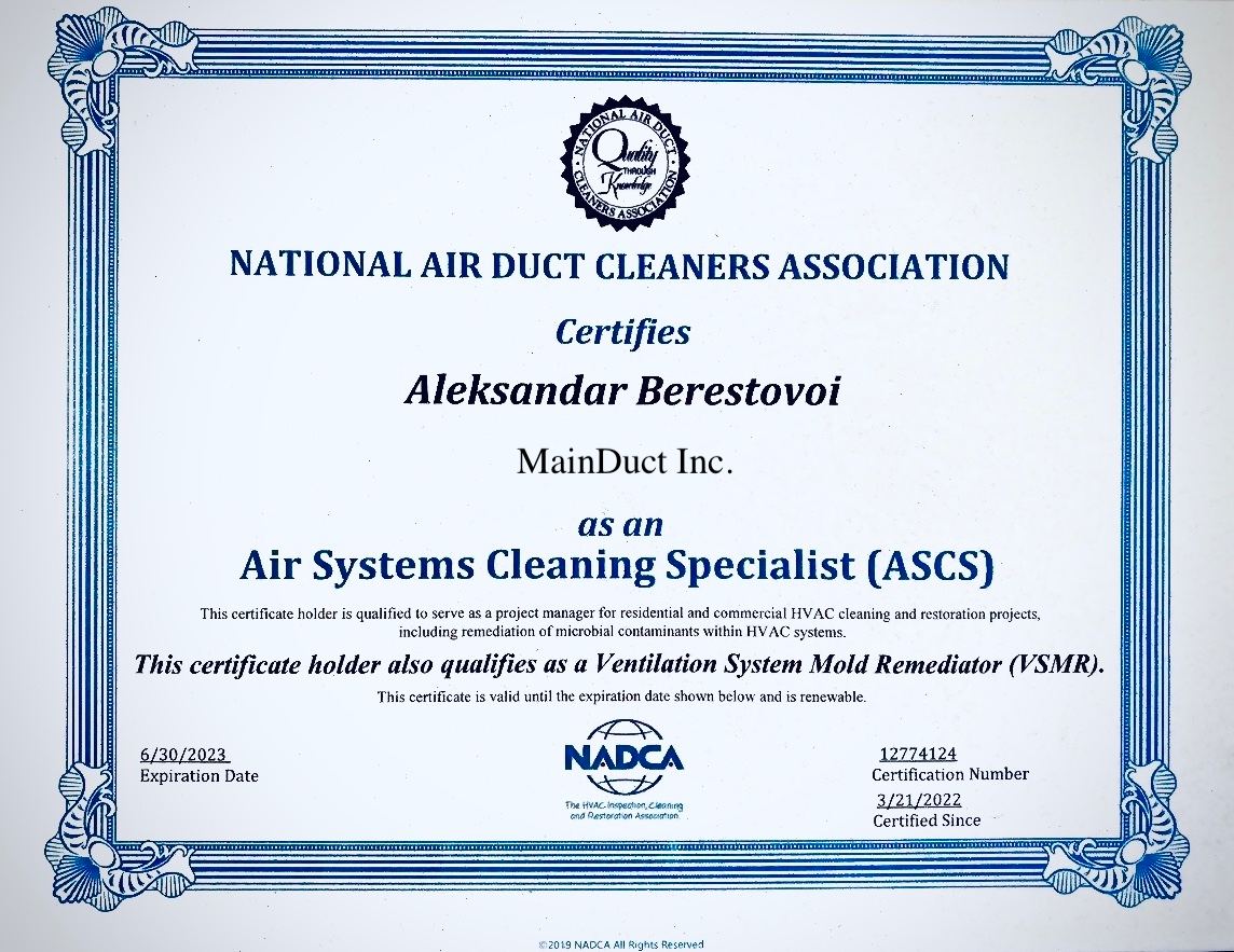 Certified Air Systems Cleaning Specialist (ASCS) NADCA Certificate - certified duct cleaning company