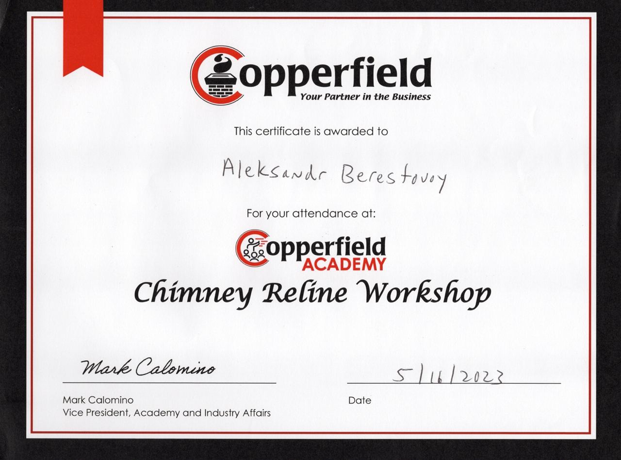 Copperfield Academy chimney reline workshop Certificate by NFI