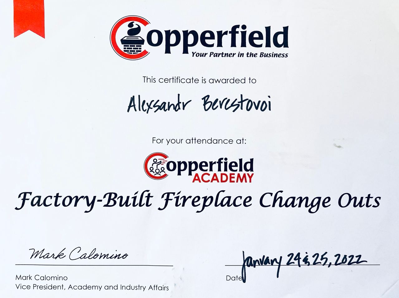 Copperfield Academy factory-built fireplace change outs Certificate by NFI